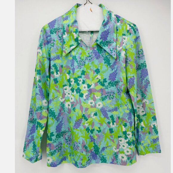 Tops - Vintage 70s Floral Polyester Pointed Collar Shirt LSV Green Blue Purple M